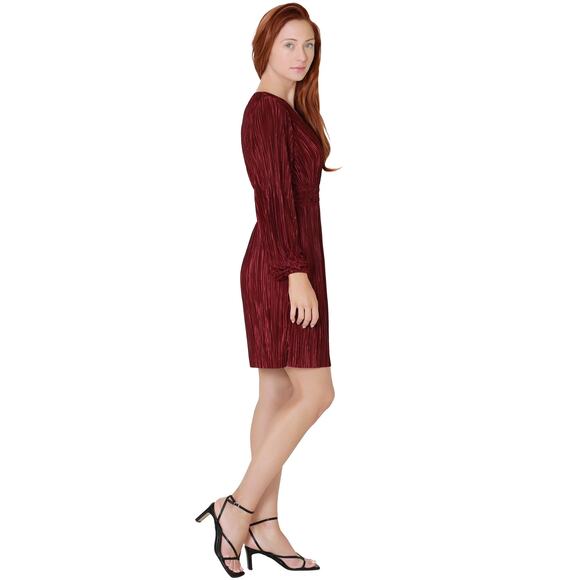 Lucy Paris Rosa Mini Dress Fit & Flare V Neck Pleated Long Sleeve Maroon Size L - Picture 2 of 10
